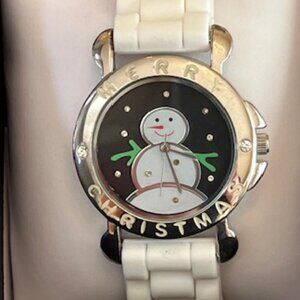 MERRY CHRISTMAS | Snowman Watch With Crystal Accents White Band-NEW Battery